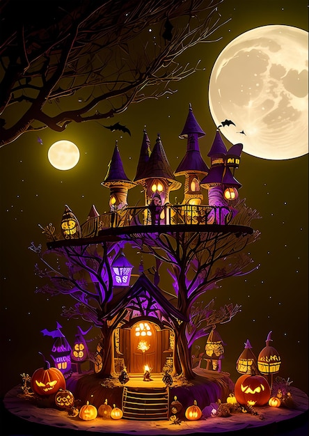 Foto uma miniatura fofa e assustadora de halloween em uma floresta mágica