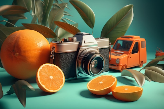 Uma minivan laranja e uma câmera sobre uma mesa com folhas e laranjas.