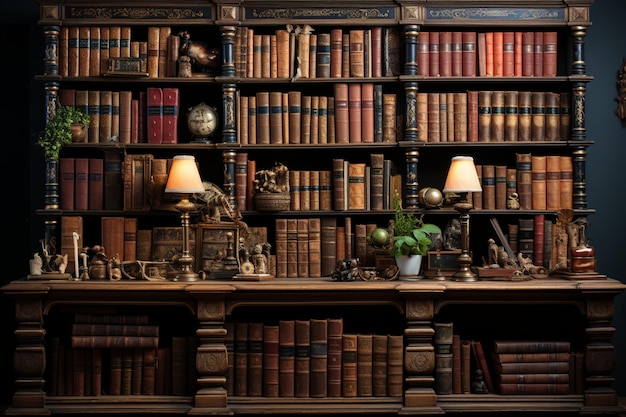 Uma miríade de livros antigos descansa em prateleiras, conjurando riqueza intelectual dentro da biblioteca