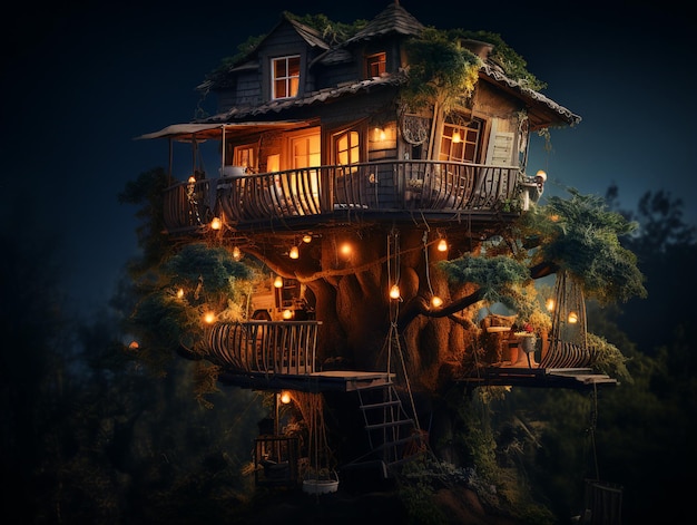 Uma misteriosa casa na árvore construída em uma grande árvore florestal