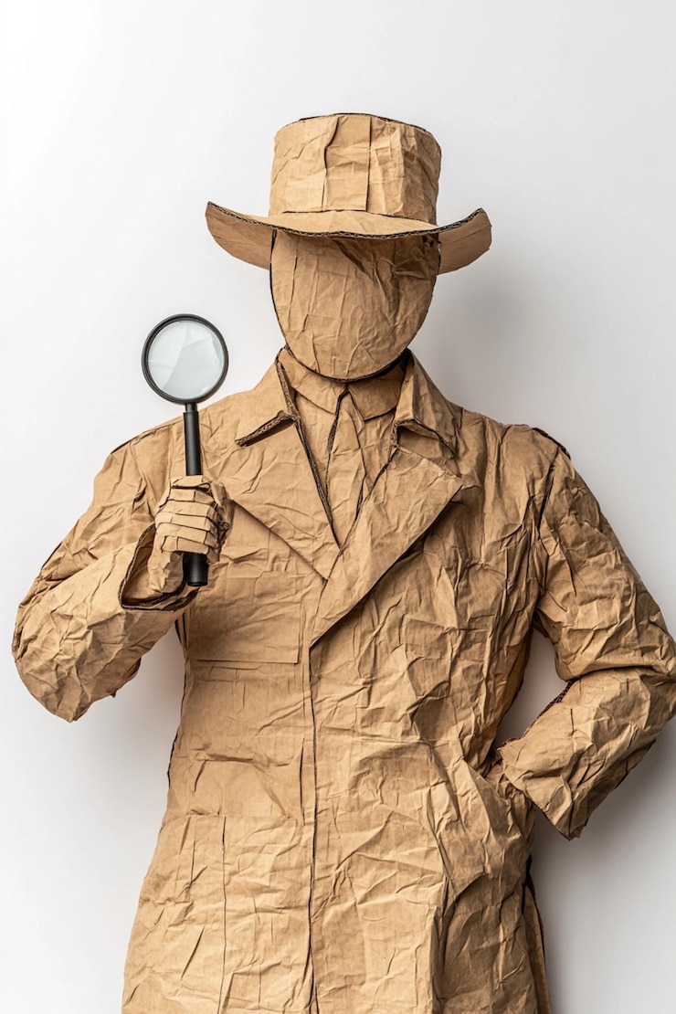Foto uma misteriosa figura de detetive com um casaco e chapéu bege segurando uma lupa
