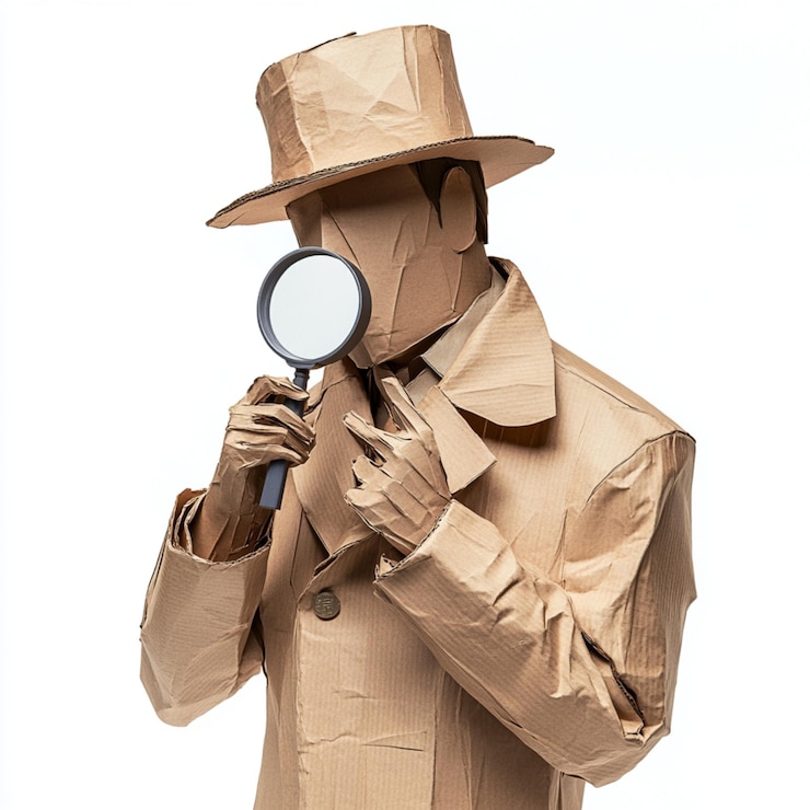 Foto uma misteriosa figura de detetive com um casaco e chapéu bege segurando uma lupa
