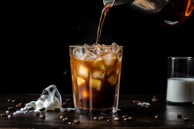 Uma mistura cremosa Um encontro de uma mesa escura com leite sendo derramado em café gelado