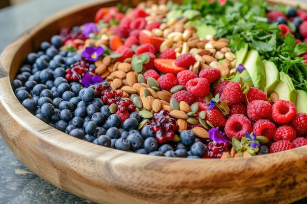 Uma mistura de bagas ricas em nutrientes, sementes, nozes e legumes para uma alimentação saudável
