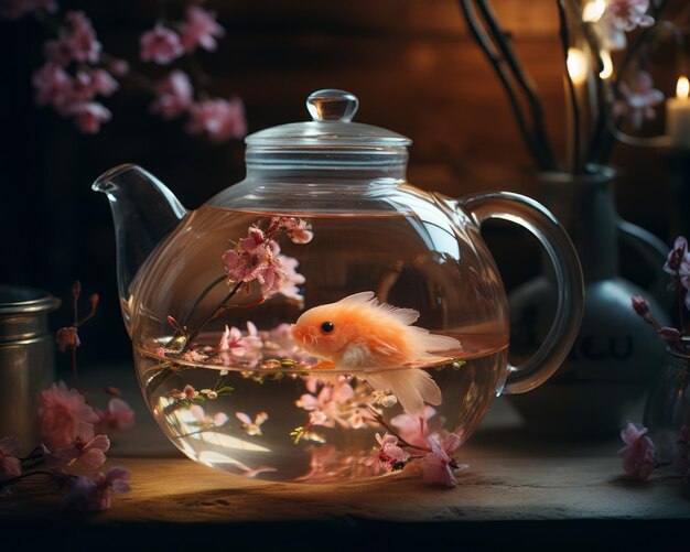 Uma mistura hipnotizante Acorda os teus sentidos com uma delicada chaleira de vidro florescendo flores de chá e grão