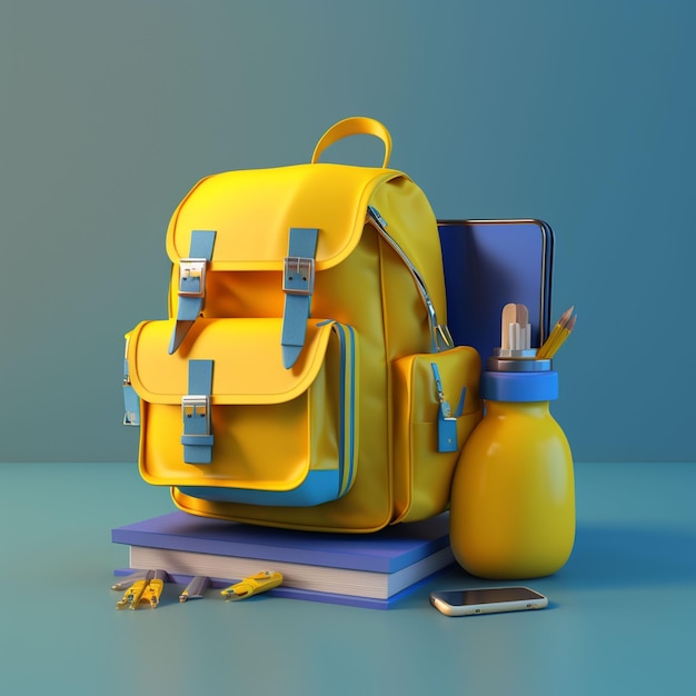 Uma mochila amarela com alças azuis sobre uma pilha de livros e um telefone.