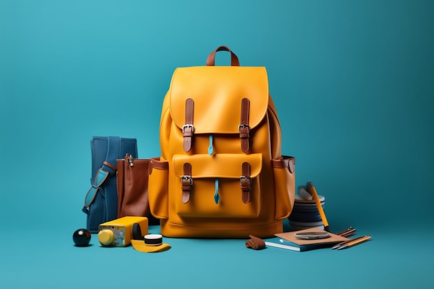 uma mochila amarela com uma alça de couro marrom e alças de couro.
