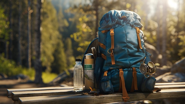 Foto uma mochila azul com uma garrafa de água e uma garrafa d'água