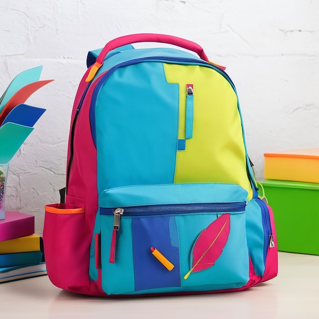 Uma mochila brilhante numa sala de aula preparada para a aprendizagem