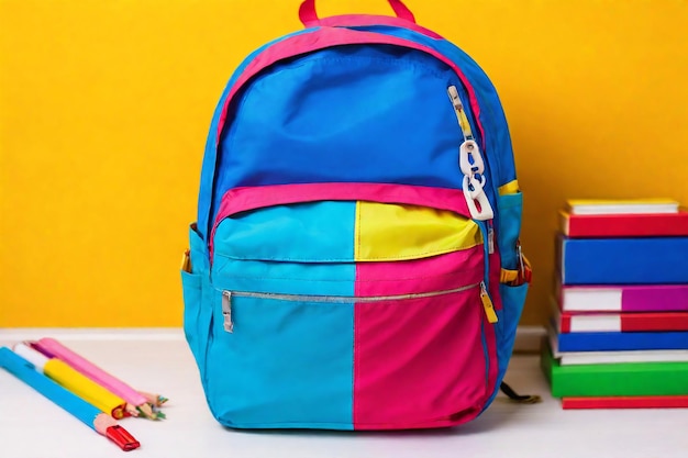 Uma mochila brilhante numa sala de aula preparada para a aprendizagem
