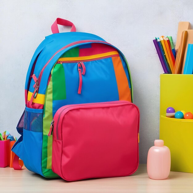 Uma mochila brilhante numa sala de aula preparada para a aprendizagem