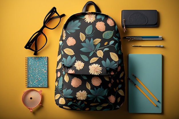 Uma mochila com estampa floral está sobre uma mesa ao lado de um par de óculos e uma caneta