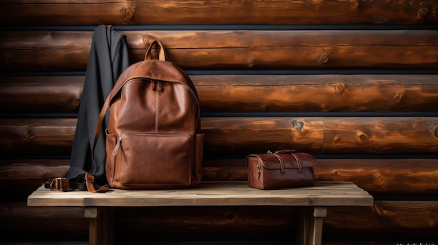 Uma mochila de viagem de couro e seus itens essenciais são exibidos em um cenário de parede de madeira rústica