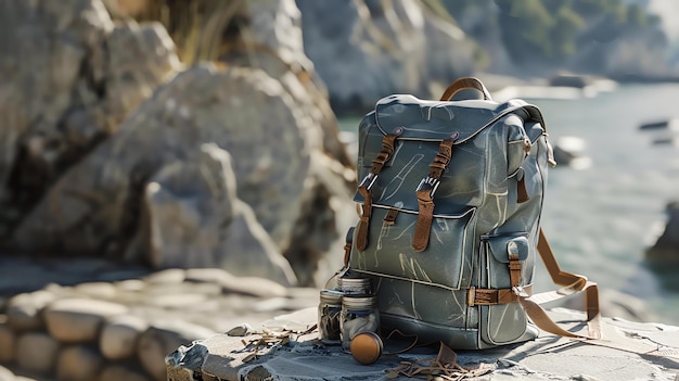 Uma mochila elegante fica em um penhasco rochoso com vista para uma bela paisagem marinha