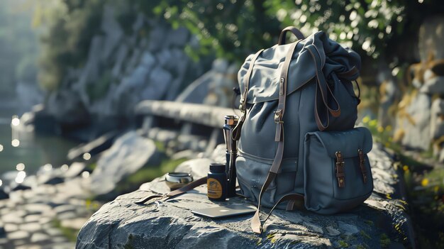 Uma mochila elegante senta-se em uma rocha perto de um rio