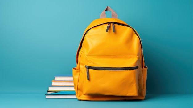 Uma mochila escolar completa com livros isolados em um fundo azul com espaço de cópia disponível