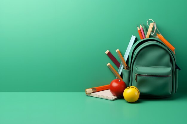 Foto uma mochila escolar verde com lápis, lápis e lápis sobre um fundo verde