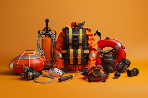 Uma mochila está cheia de vários itens, incluindo uma câmera, uma lanterna.