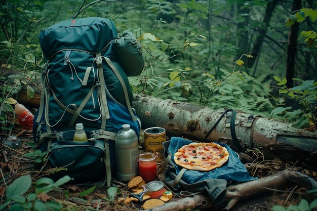 Uma mochila está sentada no chão ao lado de uma pizza e um termo