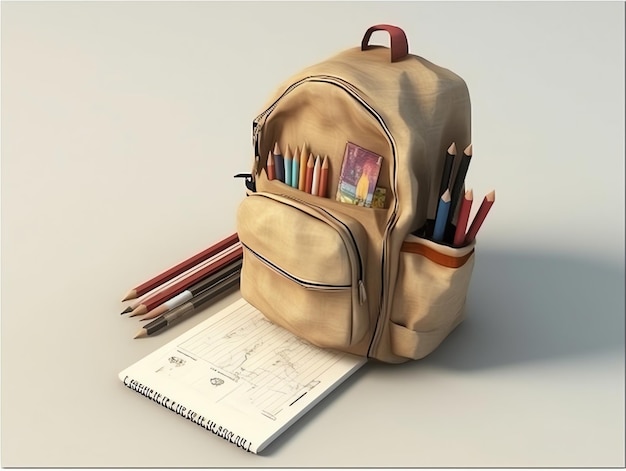 Uma mochila marrom com um bolso cheio de lápis e um caderno.