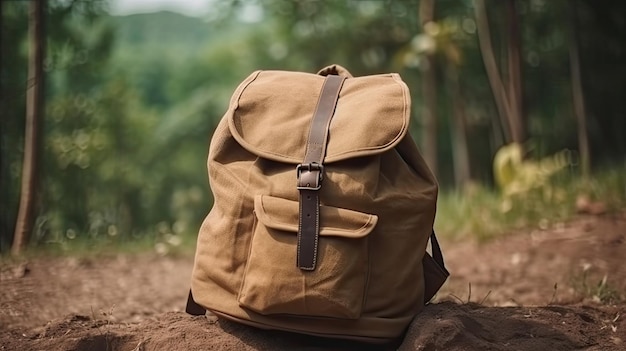 Uma mochila marrom com uma tira de couro marrom está sobre uma rocha em uma floresta.
