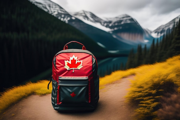 Uma mochila preta vermelha com uma folha de bordo da bandeira canadense sobre uma rocha em frente a uma montanha