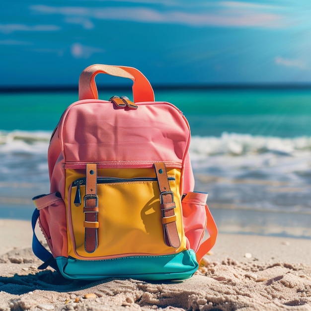 uma mochila rosa e amarela senta-se na praia ao lado do oceano