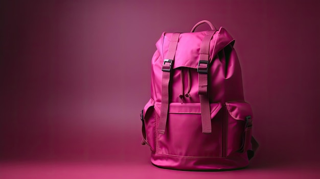 Uma mochila rosa em um fundo vermelho