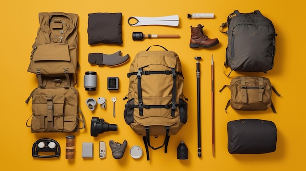 Uma mochila, uma câmera, uma bússola e outros itens são dispostos em um fundo amarelo.