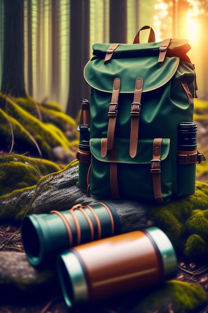 Uma mochila verde com uma xícara de café em um toco