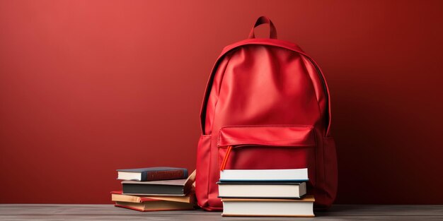 Uma mochila vermelha e livros empilhados prontos para um dia de estudo.