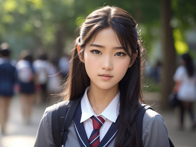 Uma modelo adolescente asiática do ensino médio em uniforme de estudante tem um rosto lindo com