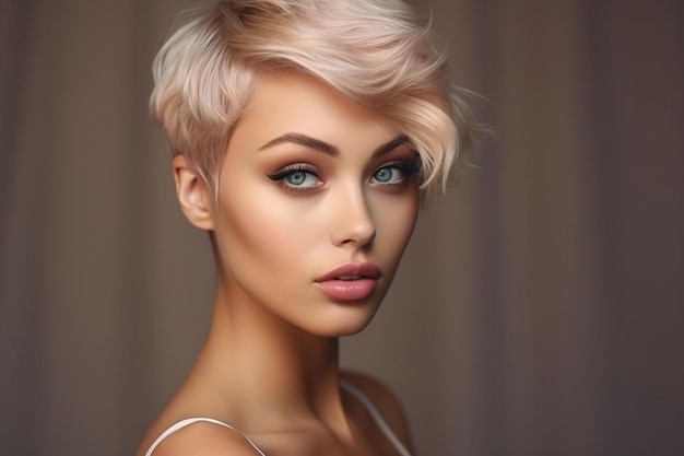Uma modelo com cabelo loiro e lábio rosa.