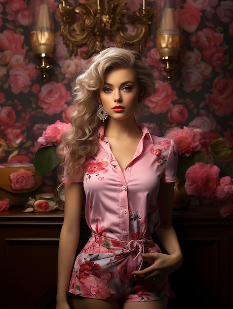 Foto uma modelo com cabelo loiro e um vestido rosa com flores na frente.