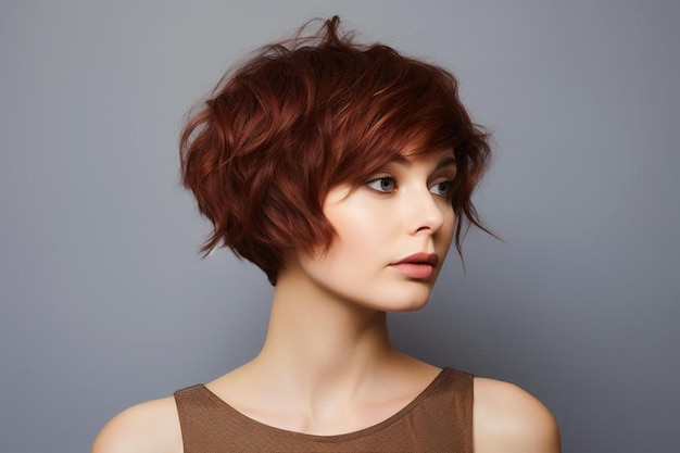 Uma modelo com cabelo ruivo e vestido marrom