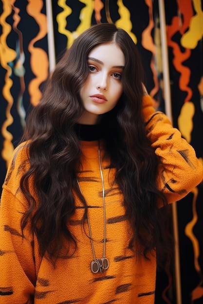 Uma modelo com longos cabelos castanhos e um suéter que diz 'eu te amo'