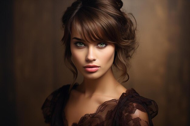 uma modelo com olhos lindos e vestido preto com acabamento em renda.