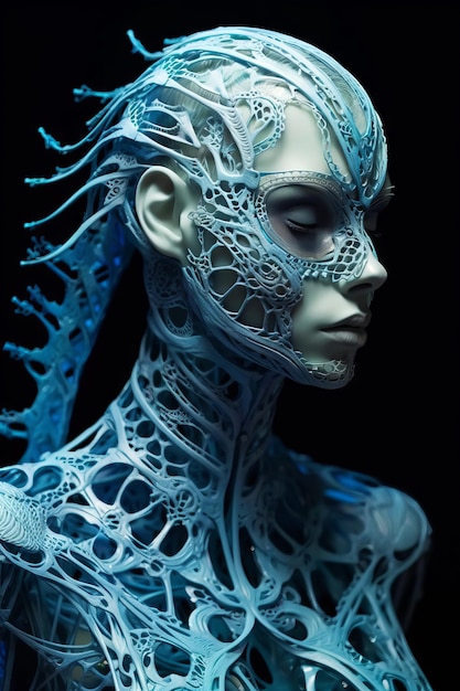 Uma modelo com pele azul e cabeça de peixe.