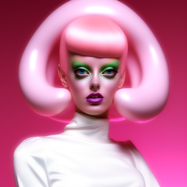 uma modelo com peruca rosa e olhos verdes