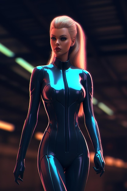 uma modelo com roupa de super-herói com fundo azul e preto.