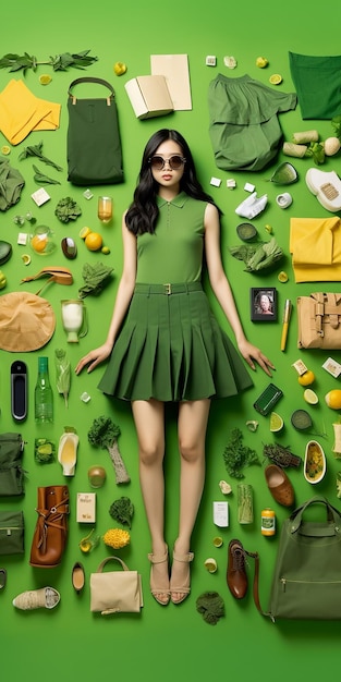 Uma modelo com saia verde e saia verde é mostrada com uma bolsa verde.