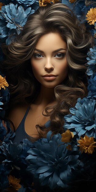 uma modelo com um cabelo bonito e flores azuis