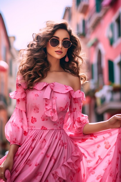 Foto uma modelo com um vestido rosa com flores cor-de-rosa na frente.