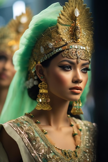 Uma modelo com um vestido verde e joias de ouro