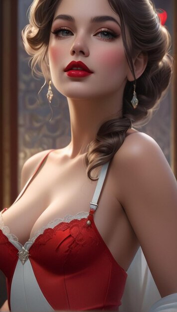 uma modelo com um vestido vermelho e um sutiã branco