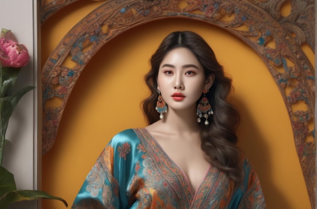 Uma modelo de beleza com vestido chinês