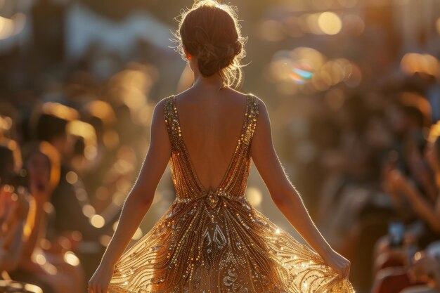 Uma modelo de menina em um vestido longo dourado caminha ao longo do chão sob a luz do sol vista de trás