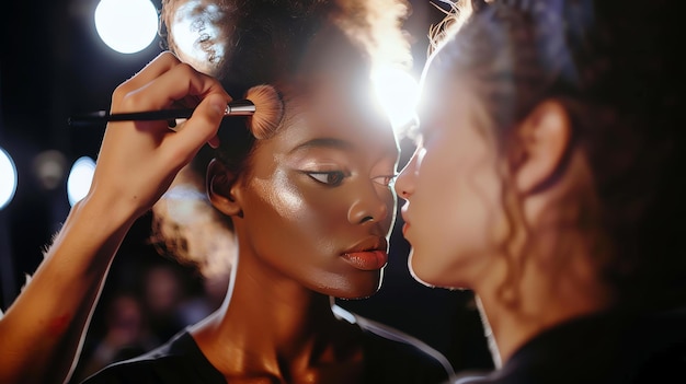 Foto uma modelo de moda está se maquilhando nos bastidores antes de um desfile de moda. a maquiadora está aplicando pó no rosto com um pincel.