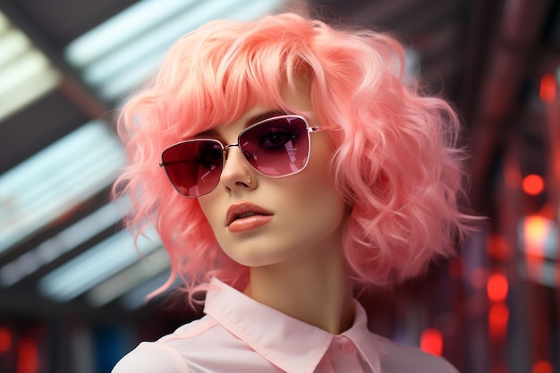 Uma modelo de roupas retro futuristas com cabelo rosa