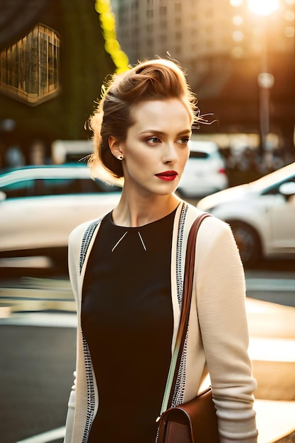 Uma modelo de vestido preto está parada na rua em frente a um carro.